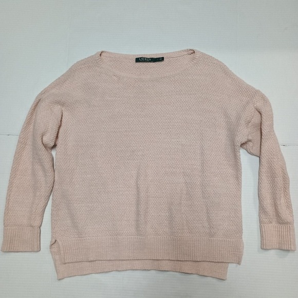 LRL Lauren Ralph Lauren Light Pink Cotton Sweater Side Slits Boxy Large - Picture 1 of 8